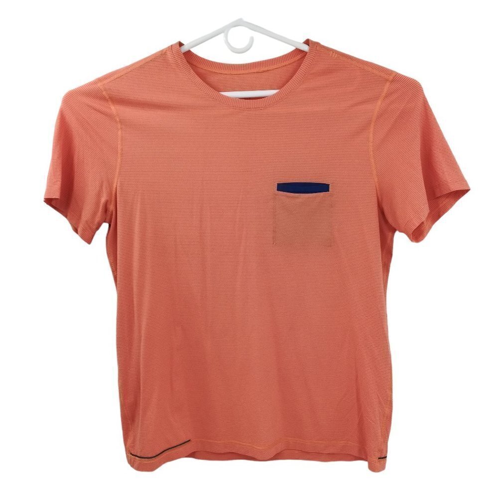 Lululemon R.A.D Run All Day Short Sleeve Mens Shirt Size XL? Orange Blue Striped